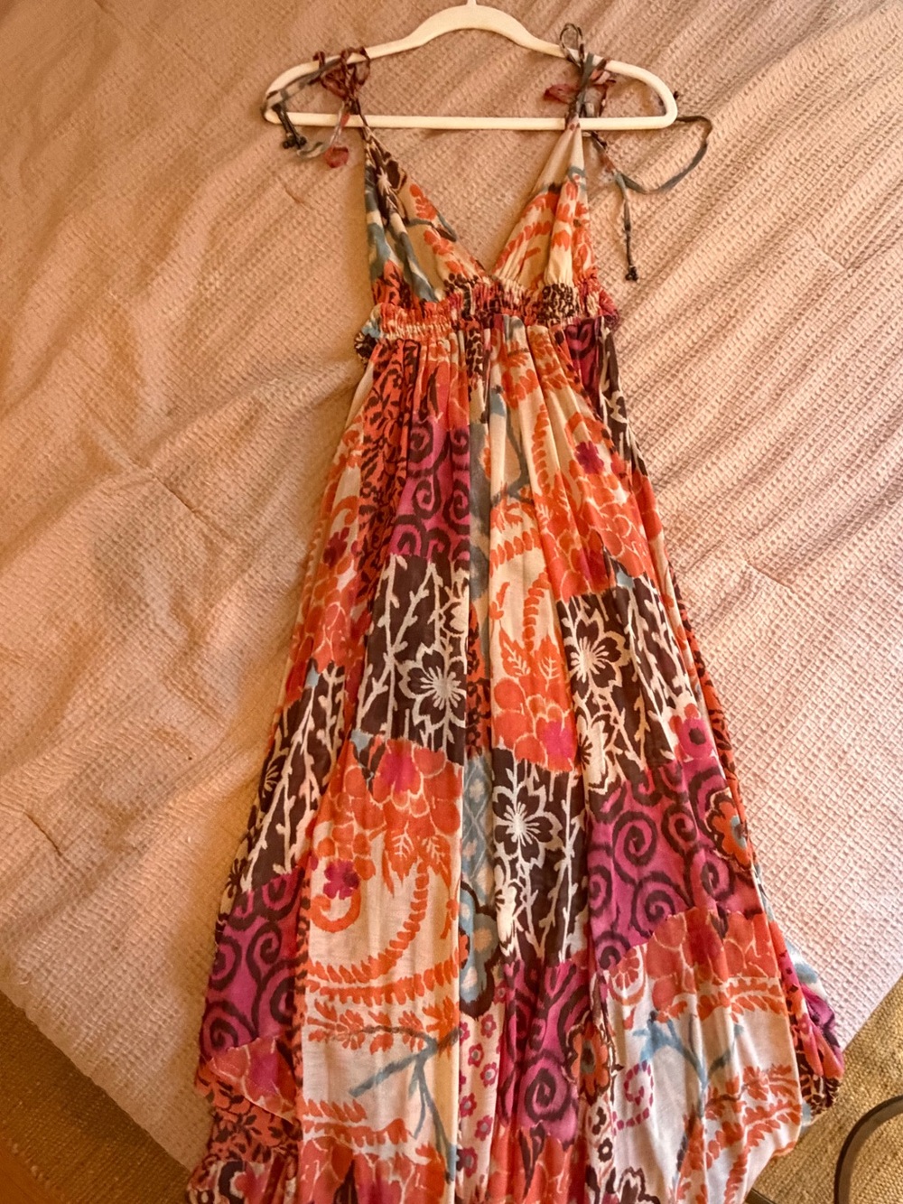 Free People Patchwork Floral Ikat Halter Maxi Dress Handkerchief Hem Boho XS